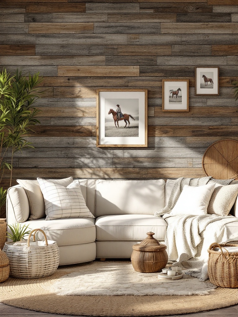 Rustic accent wall with reclaimed wood and coastal decor, including vintage saddle blankets and photos.