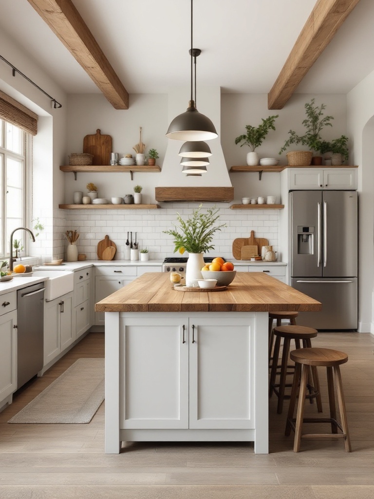 A rustic kitchen featuring wood and stone materials, with a large farmhouse table and warm ambiance.