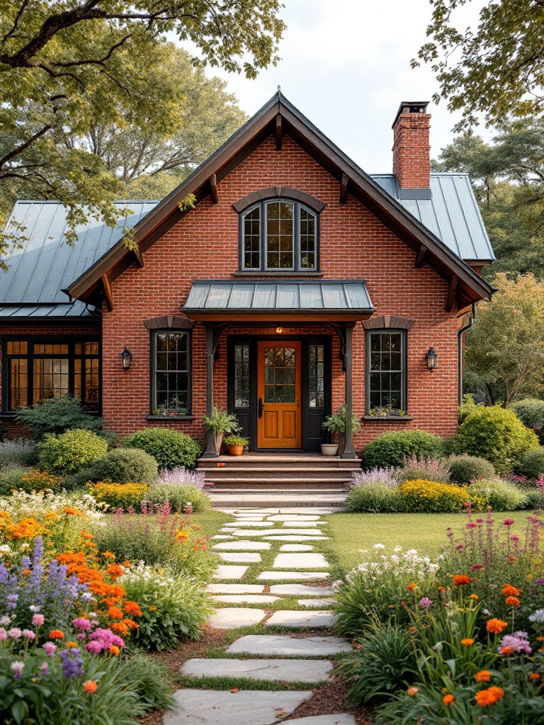 Rustic farmhouse red brick home with wooden accents, metal roof, wildflowers, and stone path landscaping.