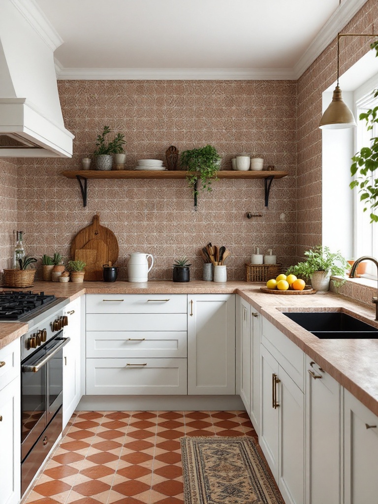 Rustic terracotta tiles in warm earthy tones create a cozy and charming kitchen gathering space.