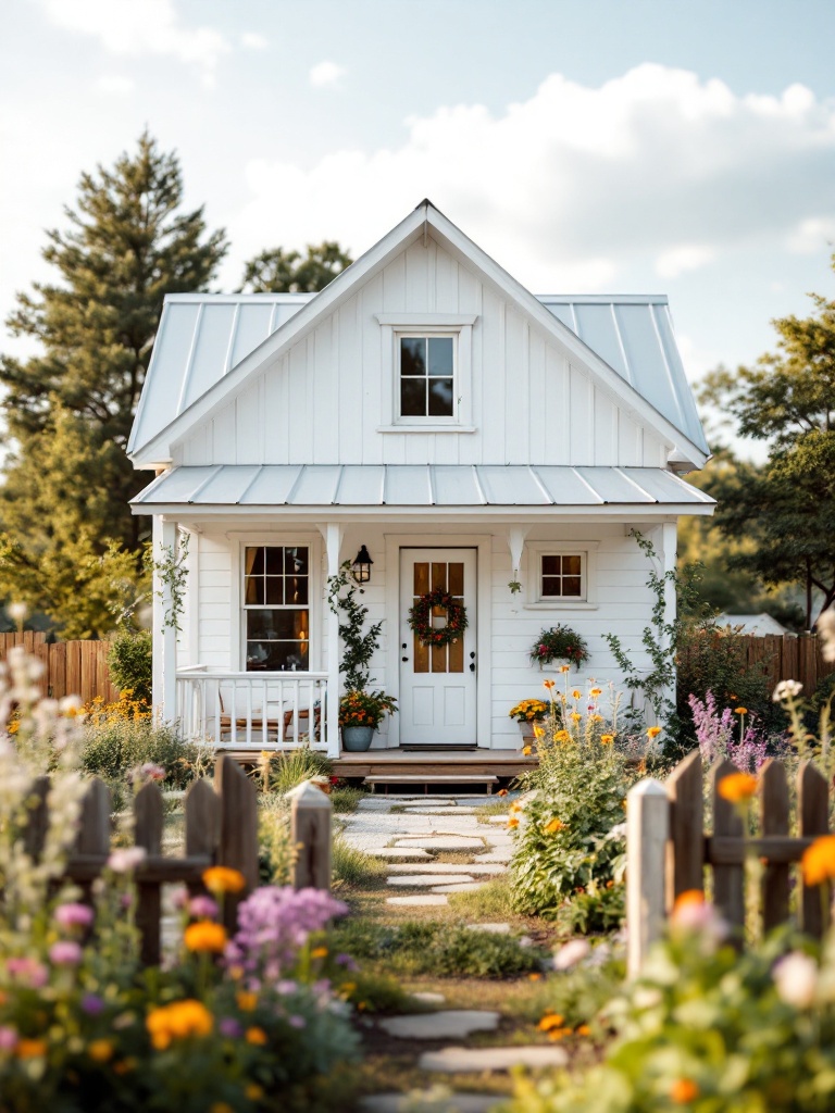 Rustic white farmhouse with reclaimed wood accents, cozy porch, wildflowers, and rustic landscaping.