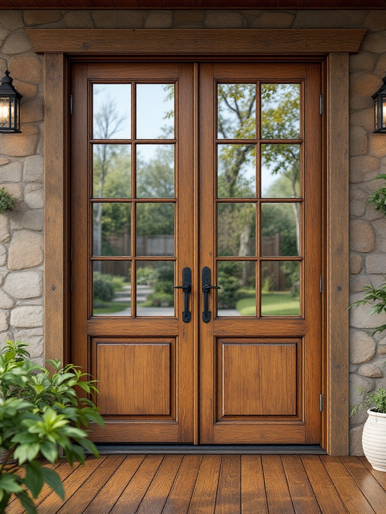 Rustic wooden French doors on a patio, enhancing warmth and character in a natural outdoor setting.