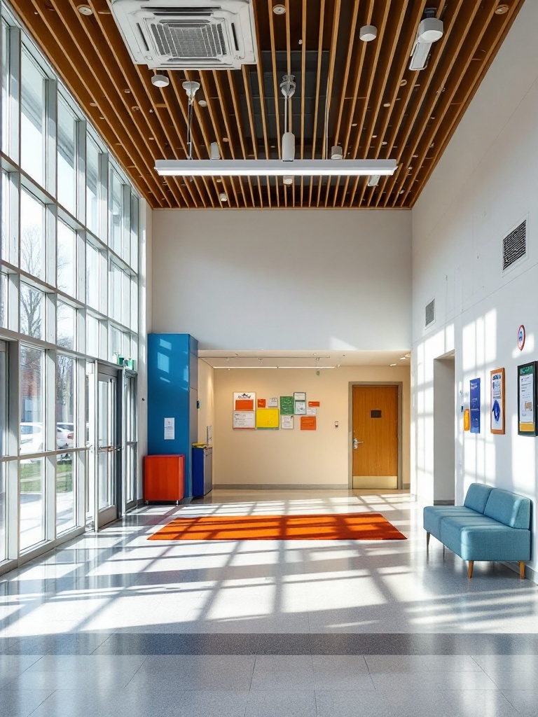 Elementary school lobby design focusing on safety, secure entry, clear signage, and accessible pathways.