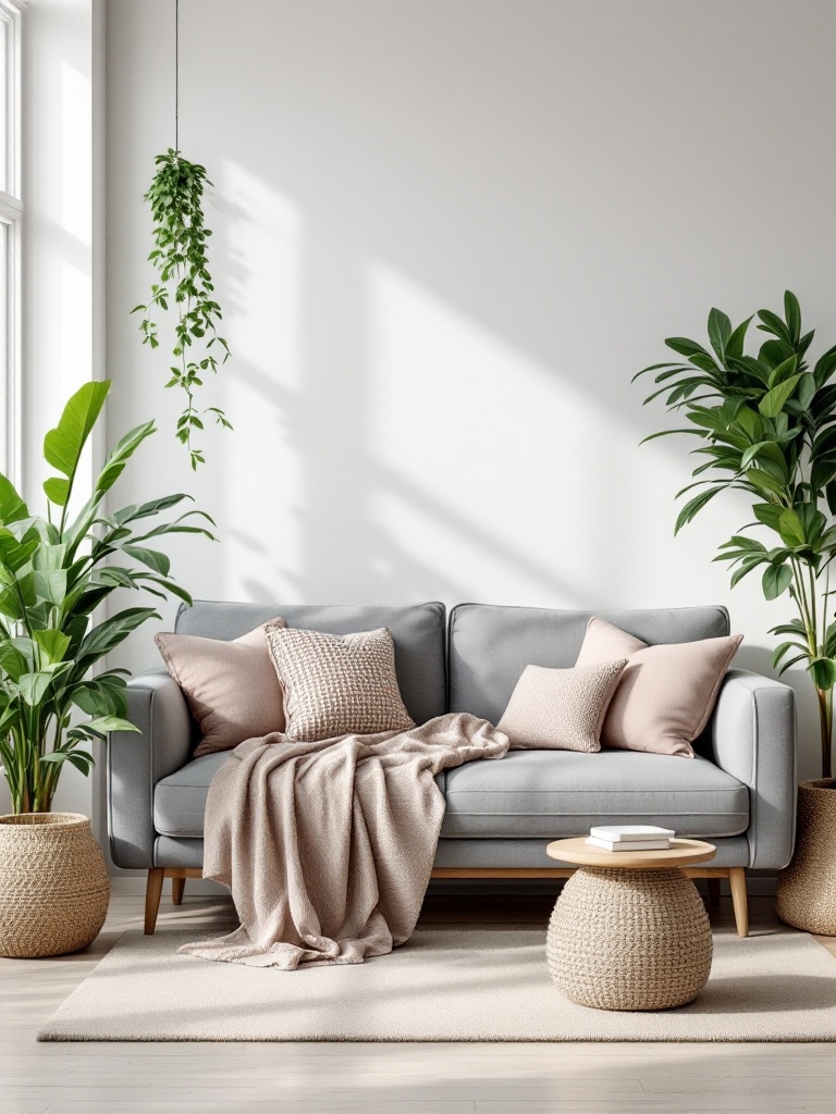 A serene room with a grey couch, light wood furniture, soft textiles, plants, and natural light.