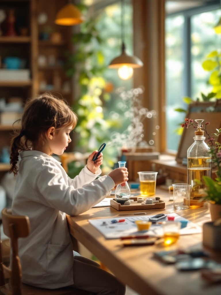 Children exploring a science discovery station with experiments, magnifying glasses, and activity kits.