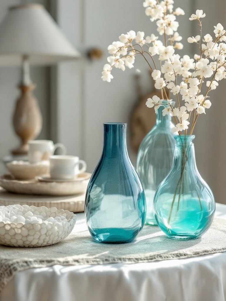Sea glass vases and bowls in a coastal-themed bedroom, adding unique ocean-inspired colors.