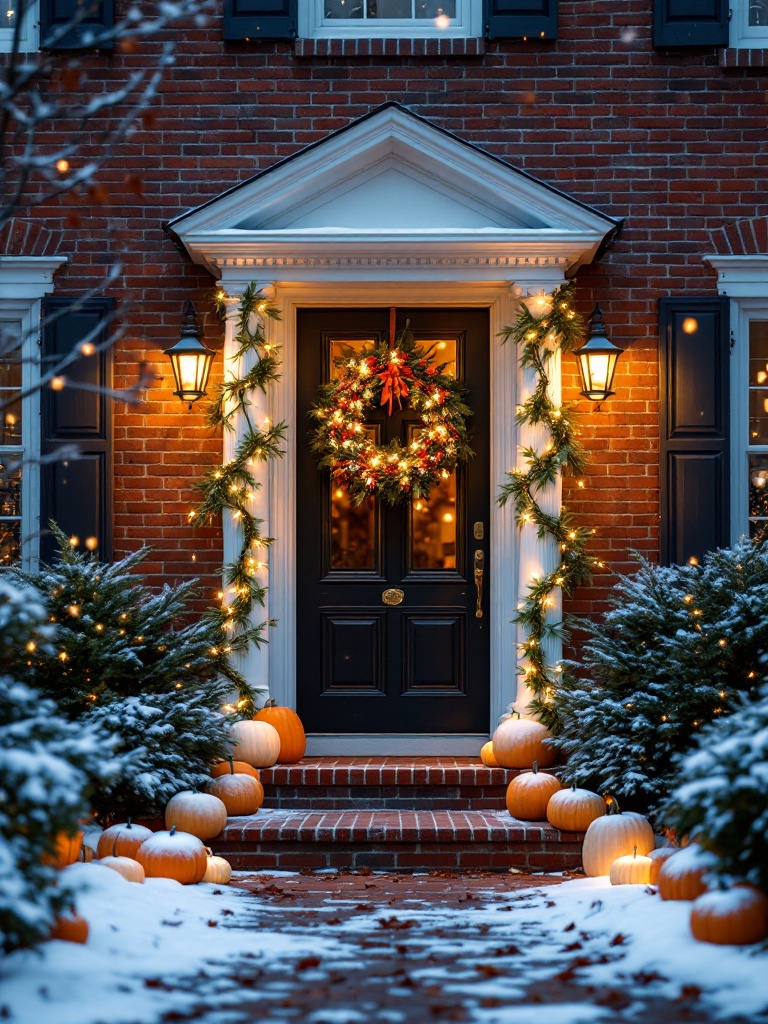 Seasonal decorations on a red brick home, featuring autumn wreaths and winter lights for charm.