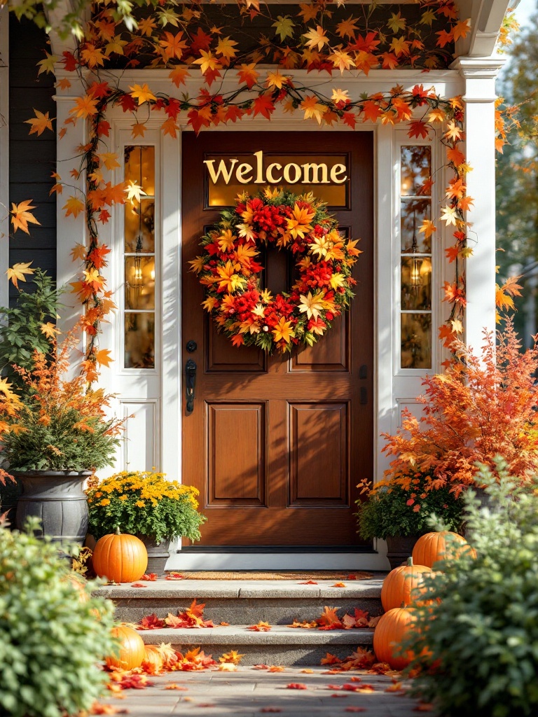 Seasonal entrance decor featuring autumn leaves, winter decorations, and spring blooms for a warm welcome.