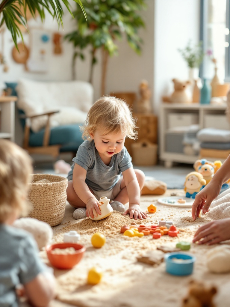 A sensory play area for toddlers with textured materials, bins of sand and water, and tactile toys.