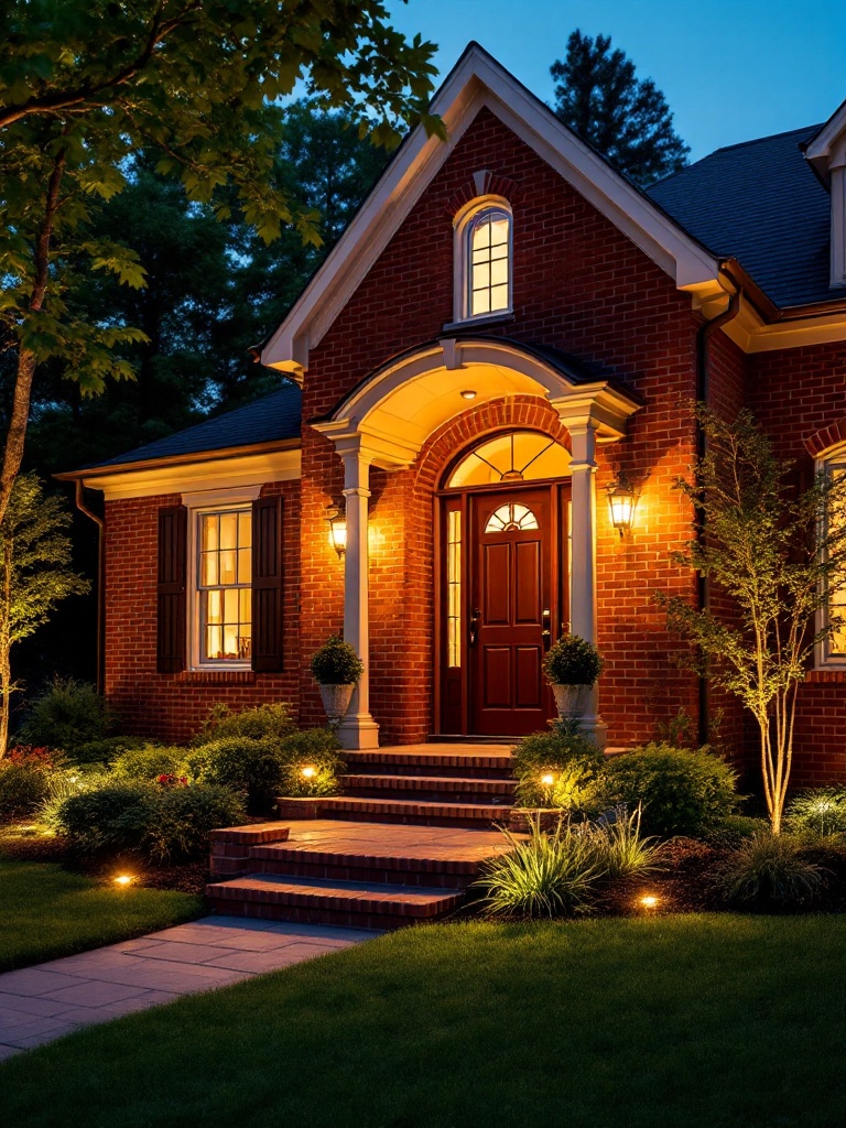 Outdoor lighting enhances a red brick home’s beauty with uplighting and warm-toned accent lights at night.