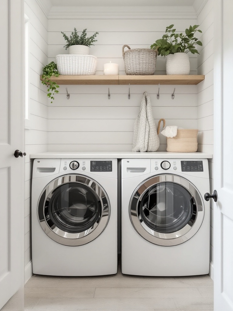 Shiplap paneling adds rustic charm and warmth to laundry rooms, enhancing the farmhouse style ambiance.