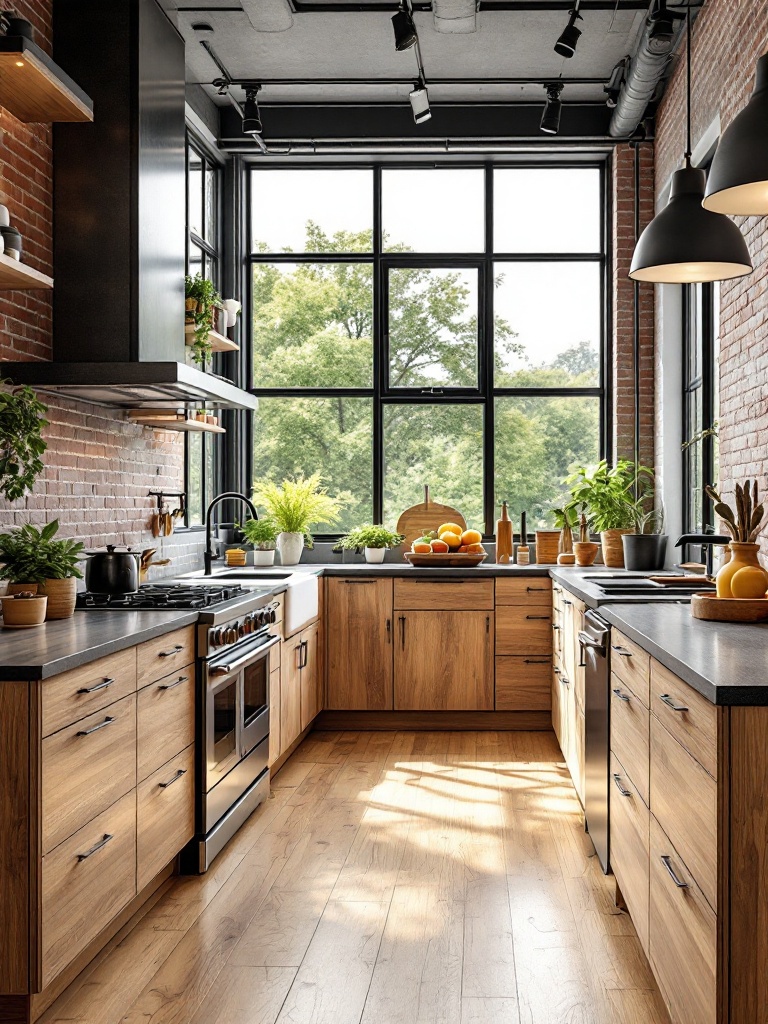 Modern industrial kitchen with exposed brick, metal accents, wooden elements, and large windows for light.