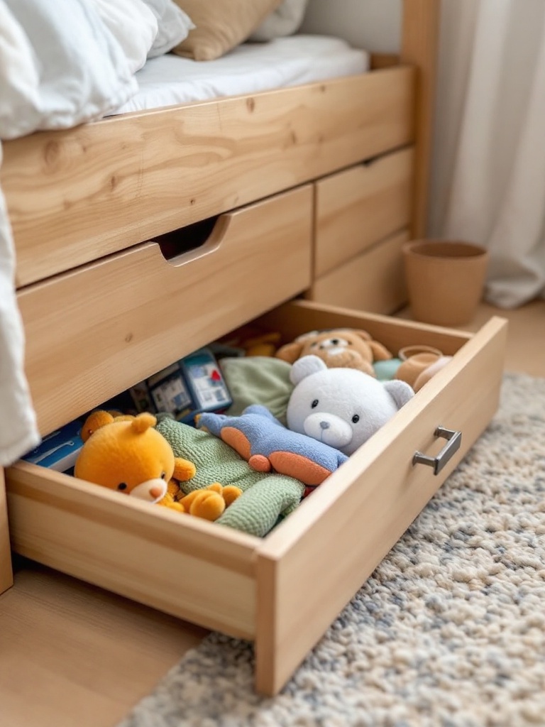 Slide-out drawers under a bed in a playroom, storing toys and games for organized, clutter-free space.