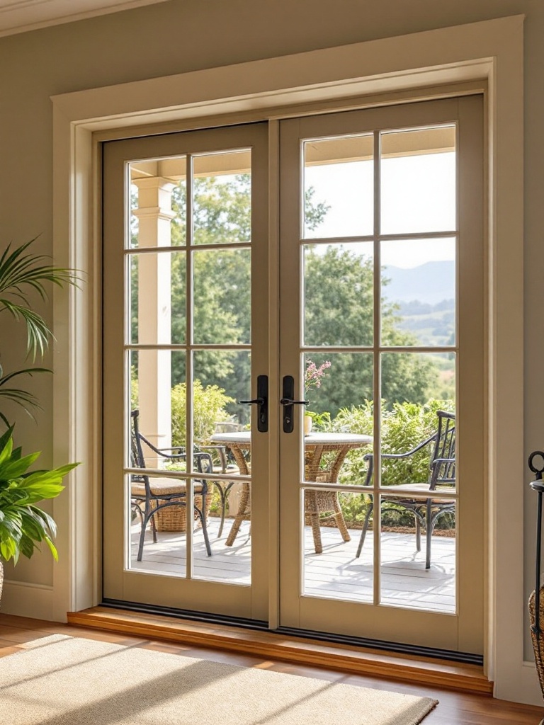 Sliding French doors blend classic style with space-saving convenience, featuring large glass panels for light.