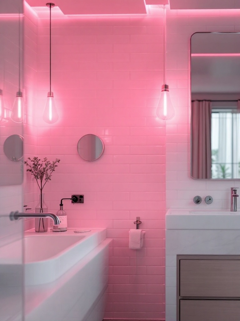 Soft pink bathroom lighting creates a warm, inviting atmosphere perfect for relaxation and unwinding.