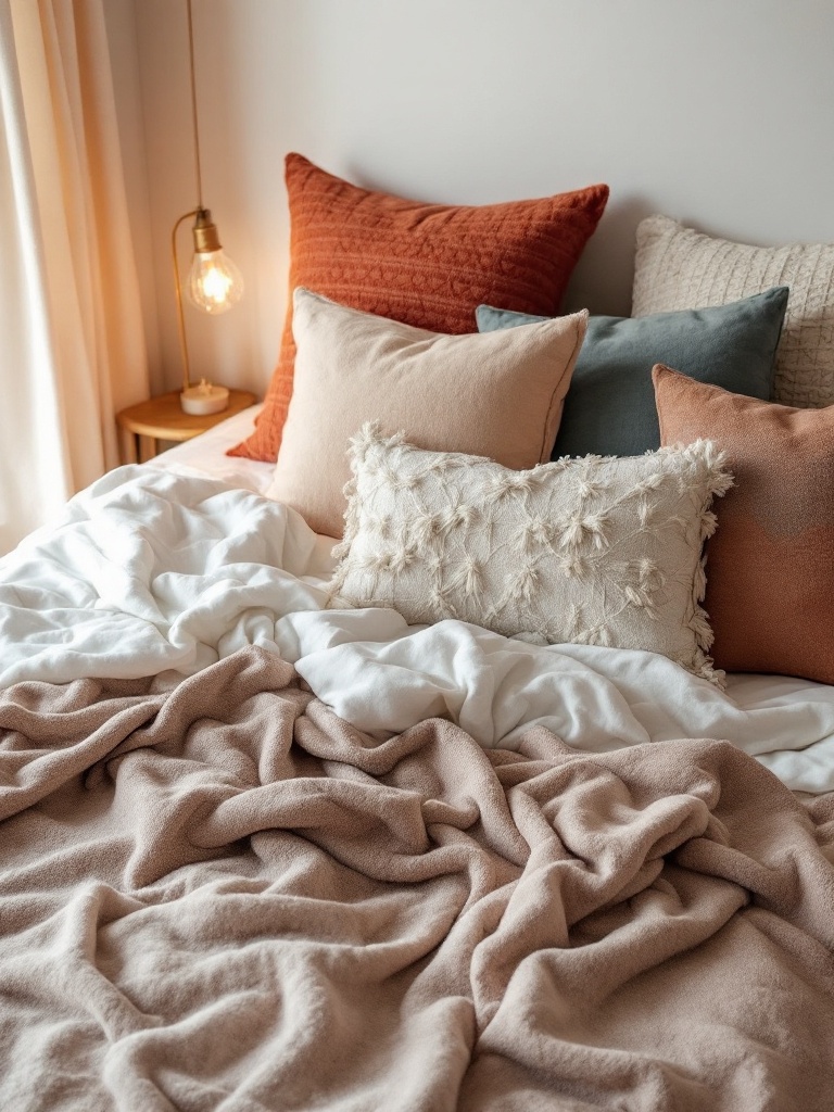 Cozy dorm room with plush textiles, soft blankets, and vibrant decorative pillows for a personalized feel.