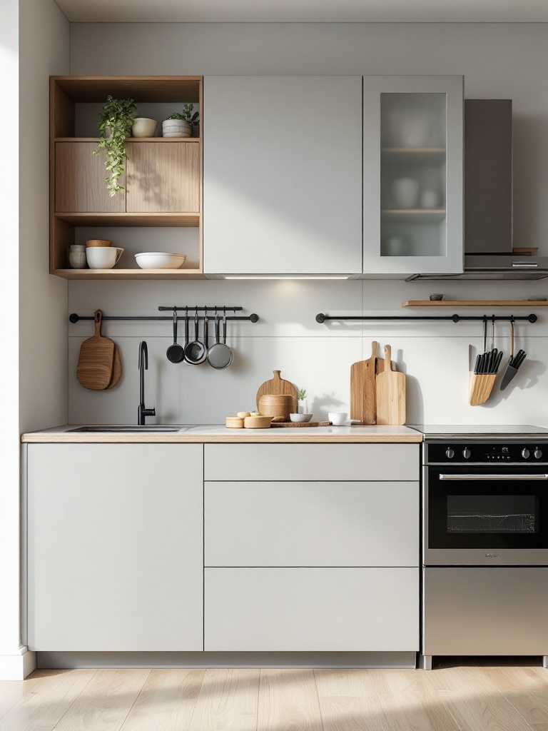 A stylish kitchen with space-saving vertical storage, compact appliances, and organized countertops.