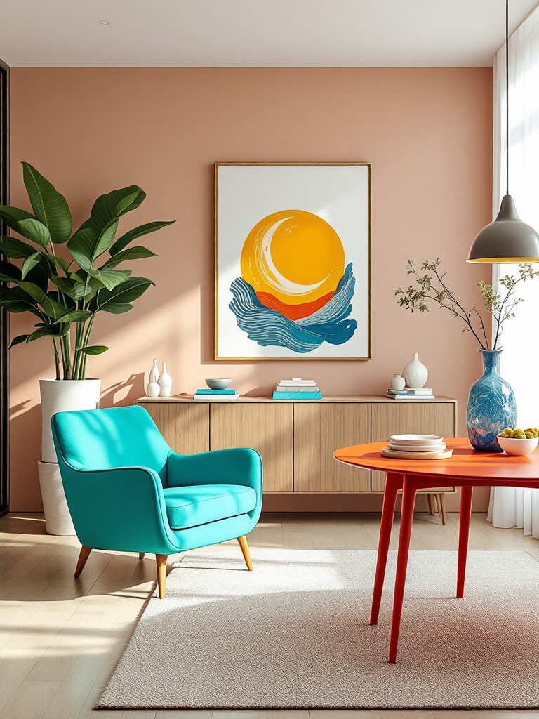 A bright turquoise chair and a red dining table enhance a minimalist home with bold, vibrant accents.