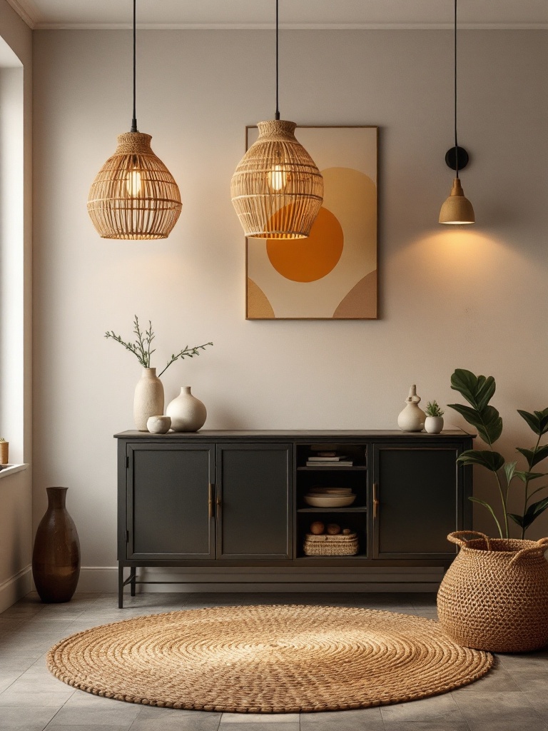 Unique modern African lighting fixtures made from natural materials enhancing interior decor aesthetics.