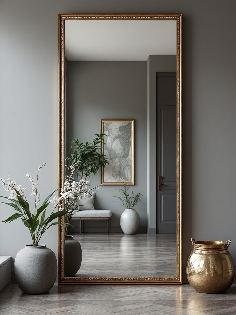 A stylish entrance with a large statement mirror enhancing light, space, and elegance while inviting guests.