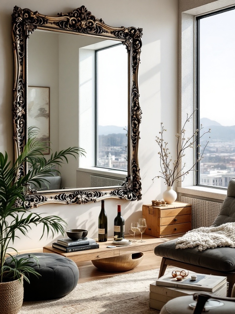 A stylish oversized mirror with an intricate frame enhances decor and reflects light in a spacious setting.
