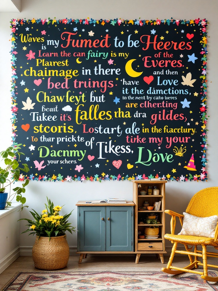 Colorful quotes from fairy tales displayed on a classroom wall, encouraging reflection and discussion.