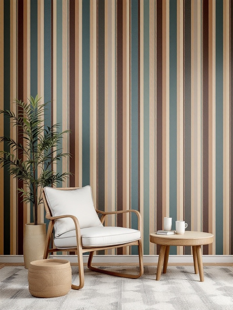 Classic retro wallpaper with vertical and horizontal stripes in various colors, enhancing room aesthetics.