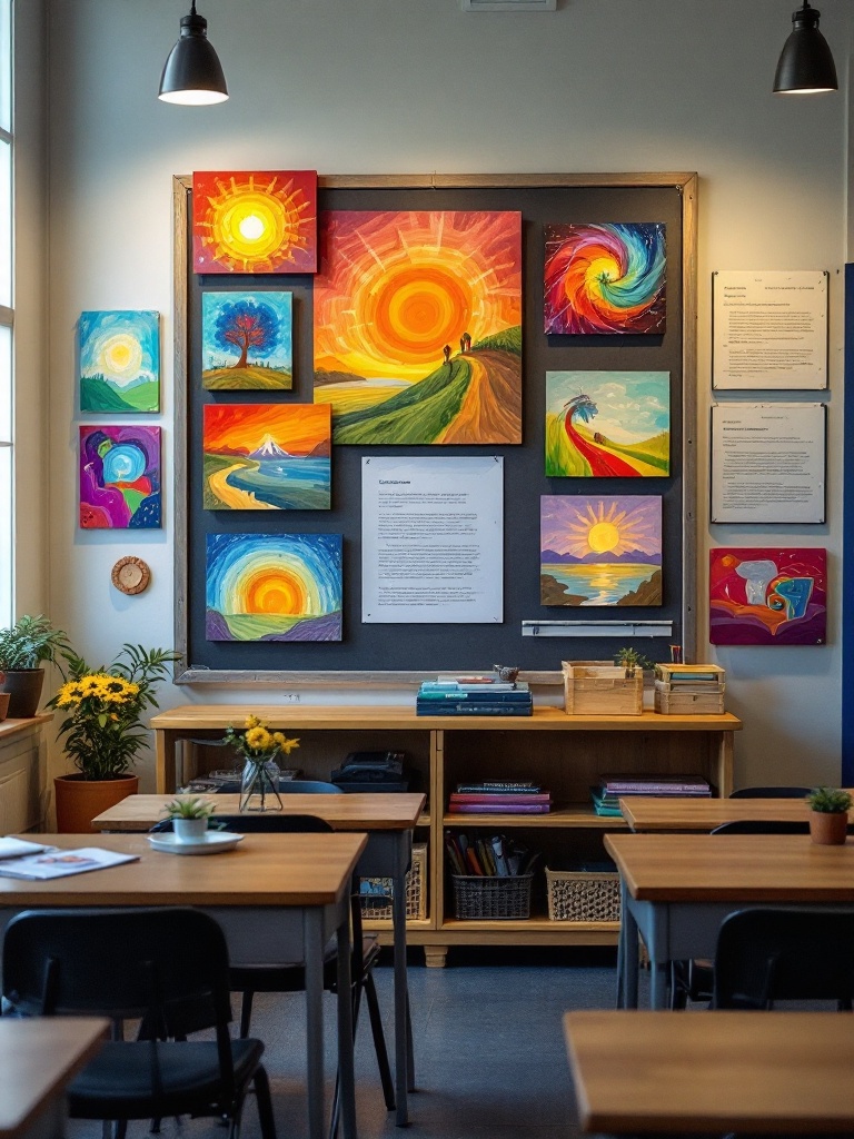 Colorful student artwork displayed on classroom wall, showcasing talent and fostering pride in creativity.