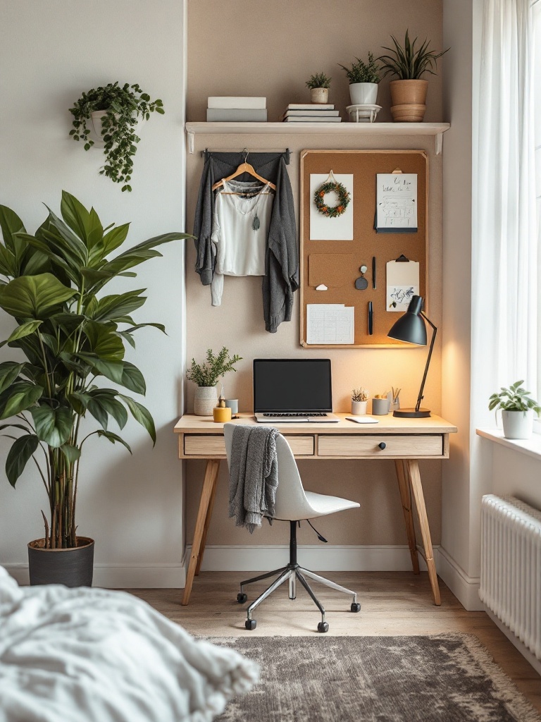 A well-organized dorm study area with a stylish desk lamp, bulletin board, and minimal clutter.