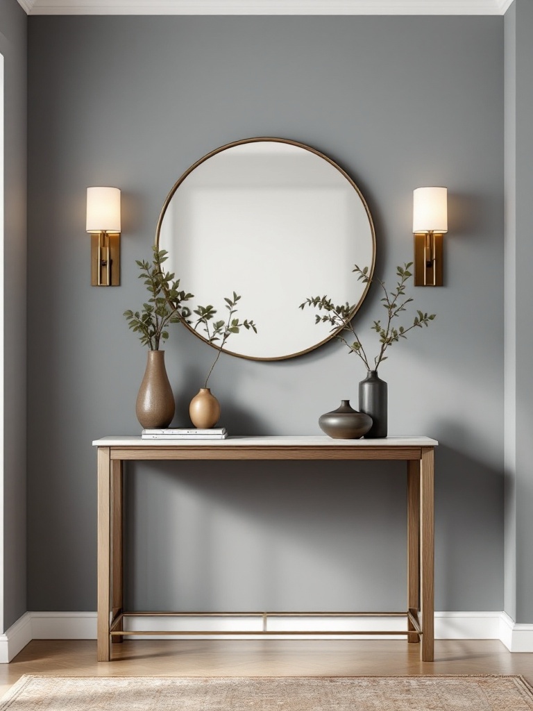 Stylish console table in an entrance with decorative items and a mirror above for added space and depth.