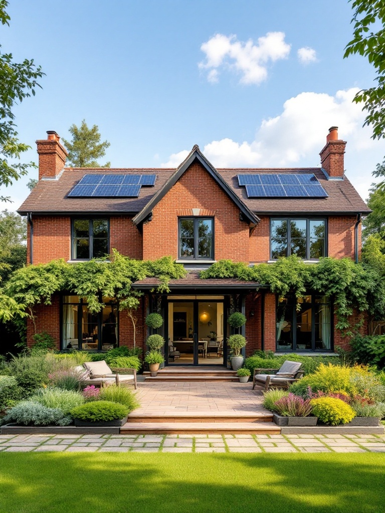 A red brick home featuring solar panels, rainwater collection, and native vegetation landscaping.