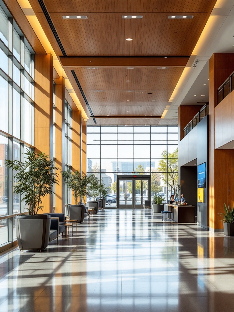 A modern school lobby featuring digital signage and Wi-Fi access for enhanced communication and engagement.