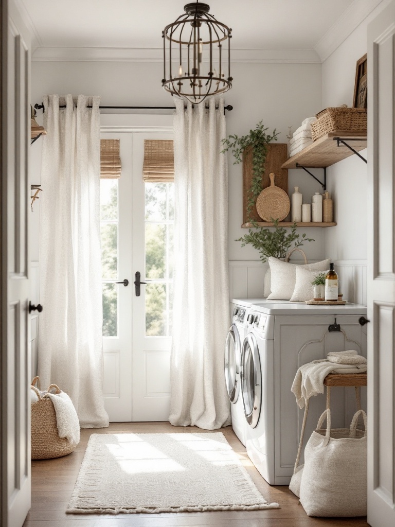 Textured fabrics like cotton and linen enhance a laundry room's comfort and charm with farmhouse style.