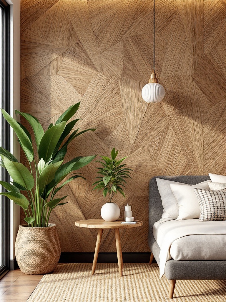 Textured wall finishes with reclaimed wood and woven grass enhancing modern tropical decor aesthetic.
