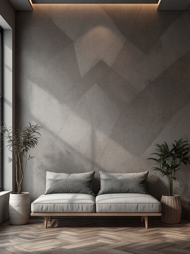 Textured wall treatments like wood paneling and brick create depth and character in interior design.