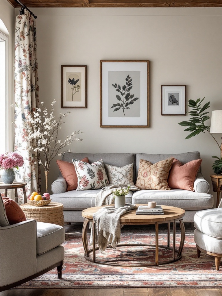 A traditional living room with a grey couch, rich wood furnishings, floral patterns, and warm accents.