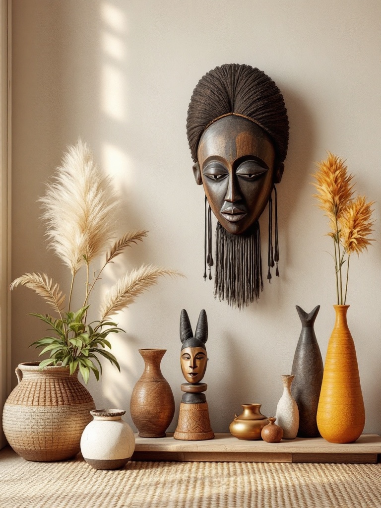 African masks and artifacts showcased in modern decor, highlighting cultural heritage and artistic appeal.
