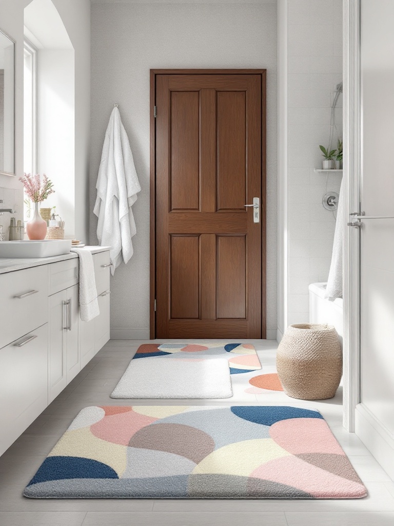 Cozy bath mat in a college bathroom, adding color, comfort, and safety with anti-slip features.