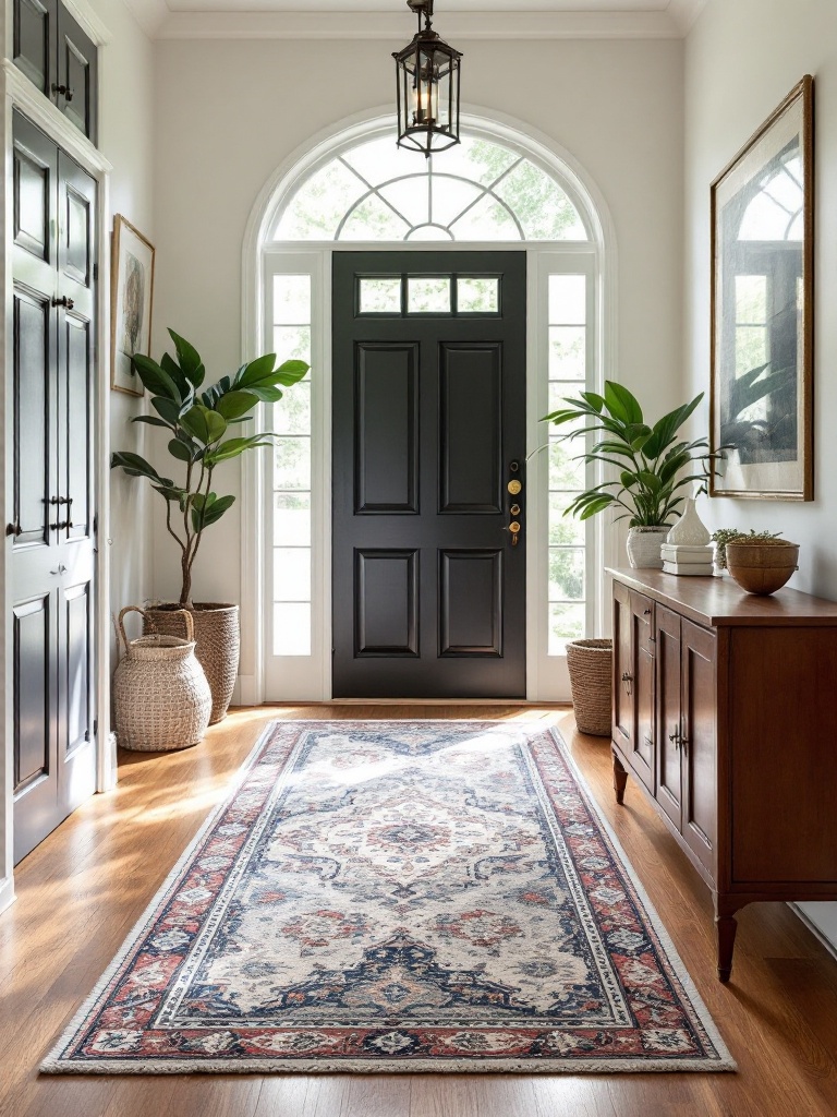 Entrance flooring with patterned tiles, natural wood, and a cozy rug for aesthetic appeal and warmth.