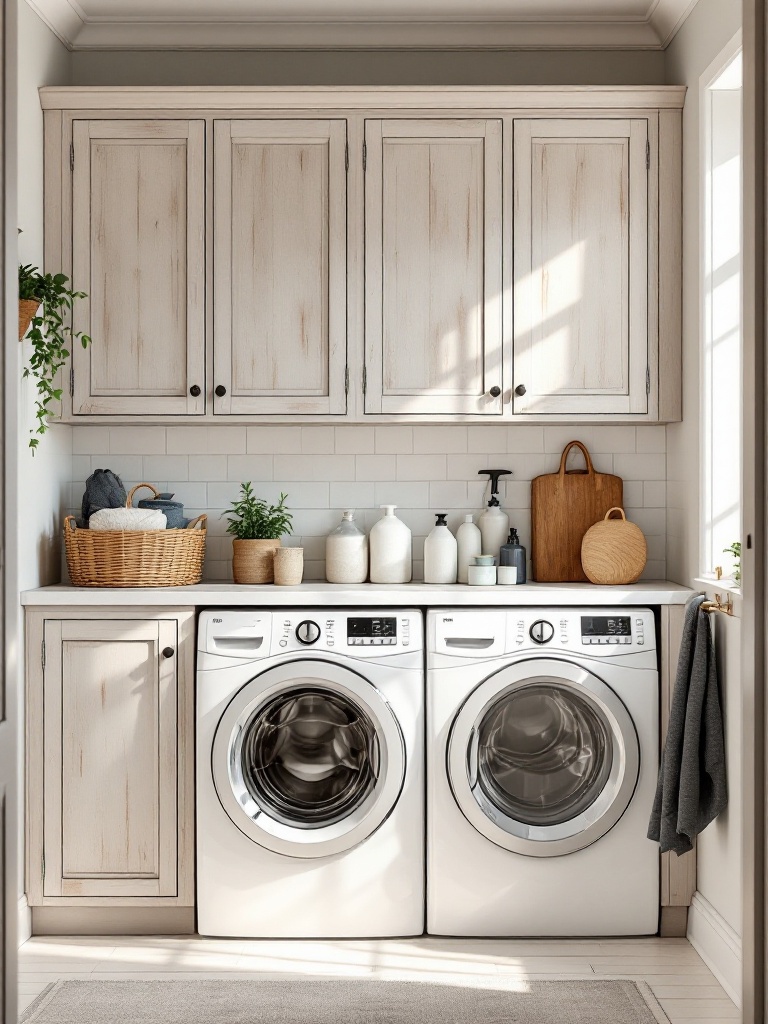Utility cabinets in a laundry room, wooden, painted soft colors, keeping supplies tidy and stylish.