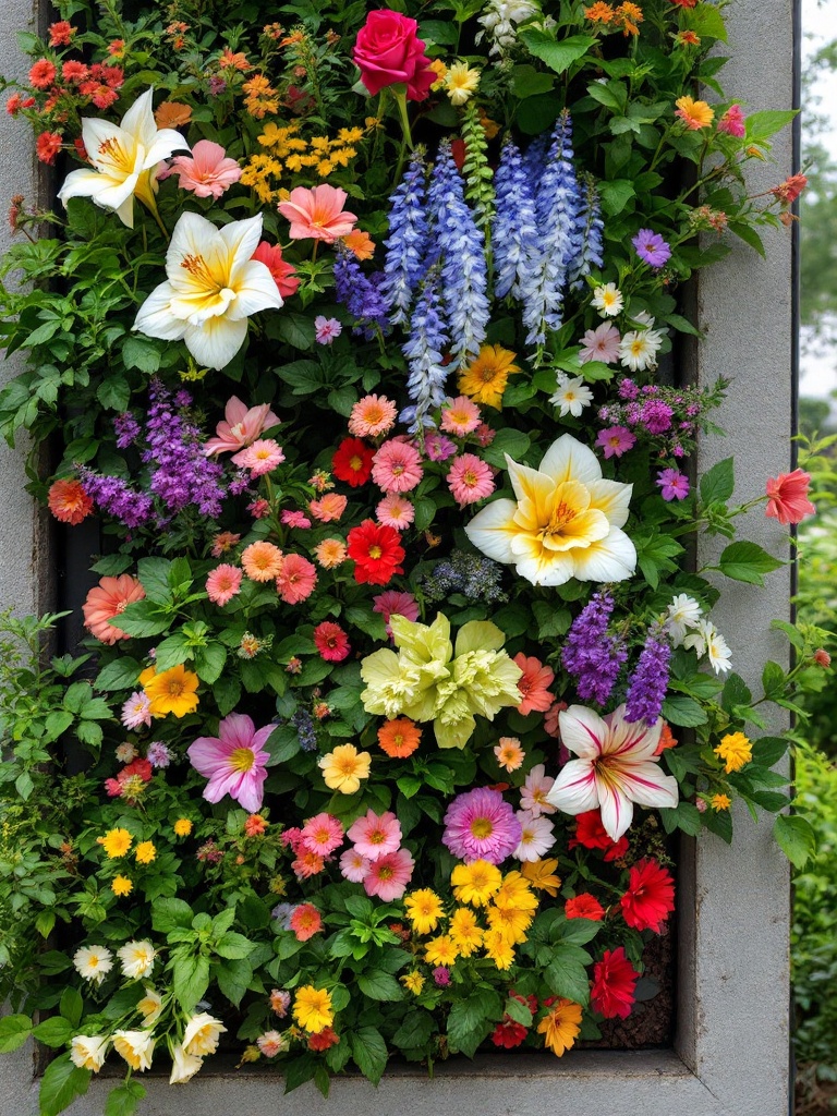 Vertical garden with colorful flowers growing on trellises and wall-mounted planters in limited space.