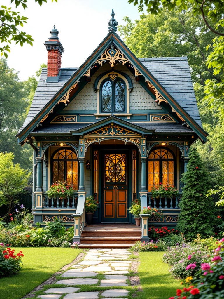 A Victorian summer house with ornate details, peaked roofs, wrap-around porch, and vibrant colors.