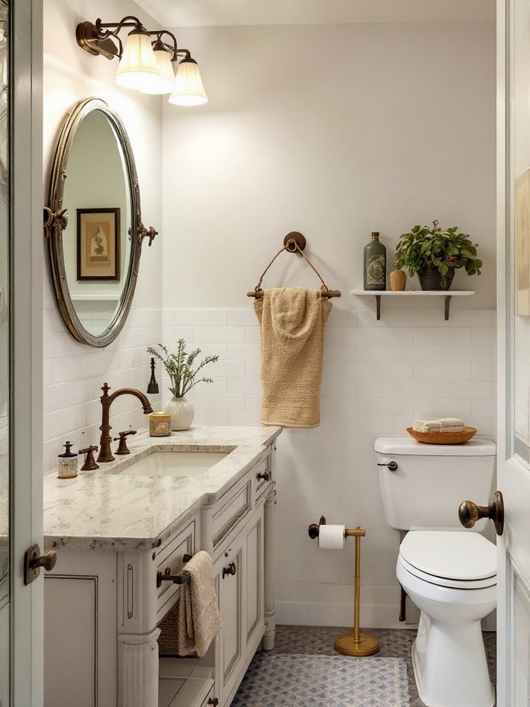 Vintage bathroom featuring antique mirrors, classic light fixtures, and retro vanity pieces for charm.