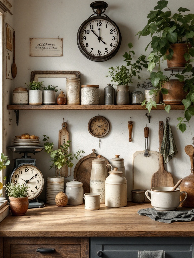 Vintage kitchen decor featuring a retro clock, antique canisters, and an old-fashioned scale.