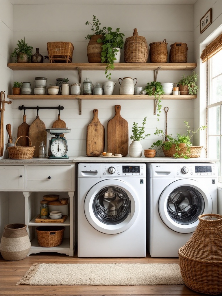 Vintage laundry room decor with antique washing boards, old baskets, and scales for a farmhouse vibe.