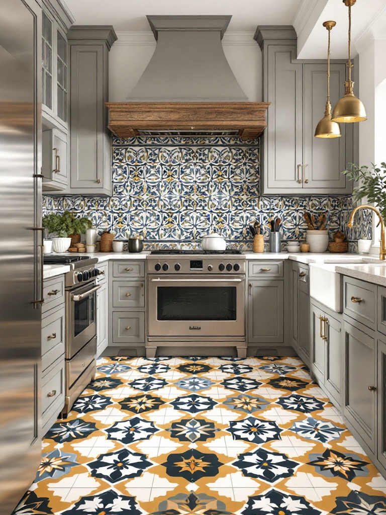 Vintage encaustic tiles with intricate patterns and vibrant colors enhancing a charming kitchen floor.