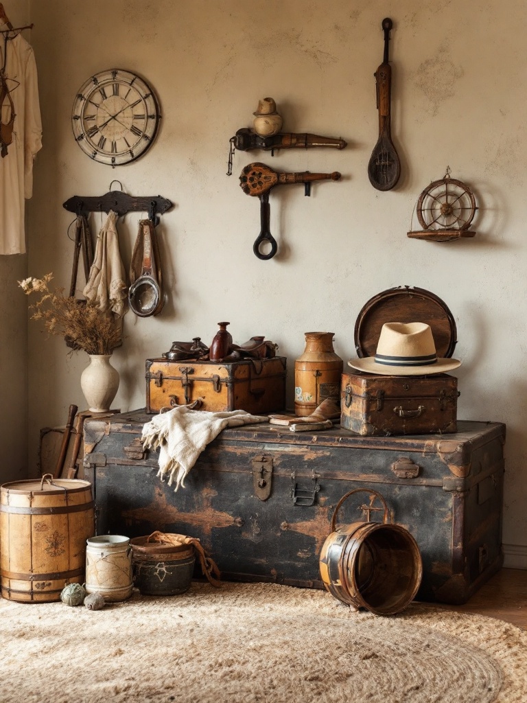 Vintage coastal and cowgirl decor items like trunks, saddles, and nautical instruments for unique style.