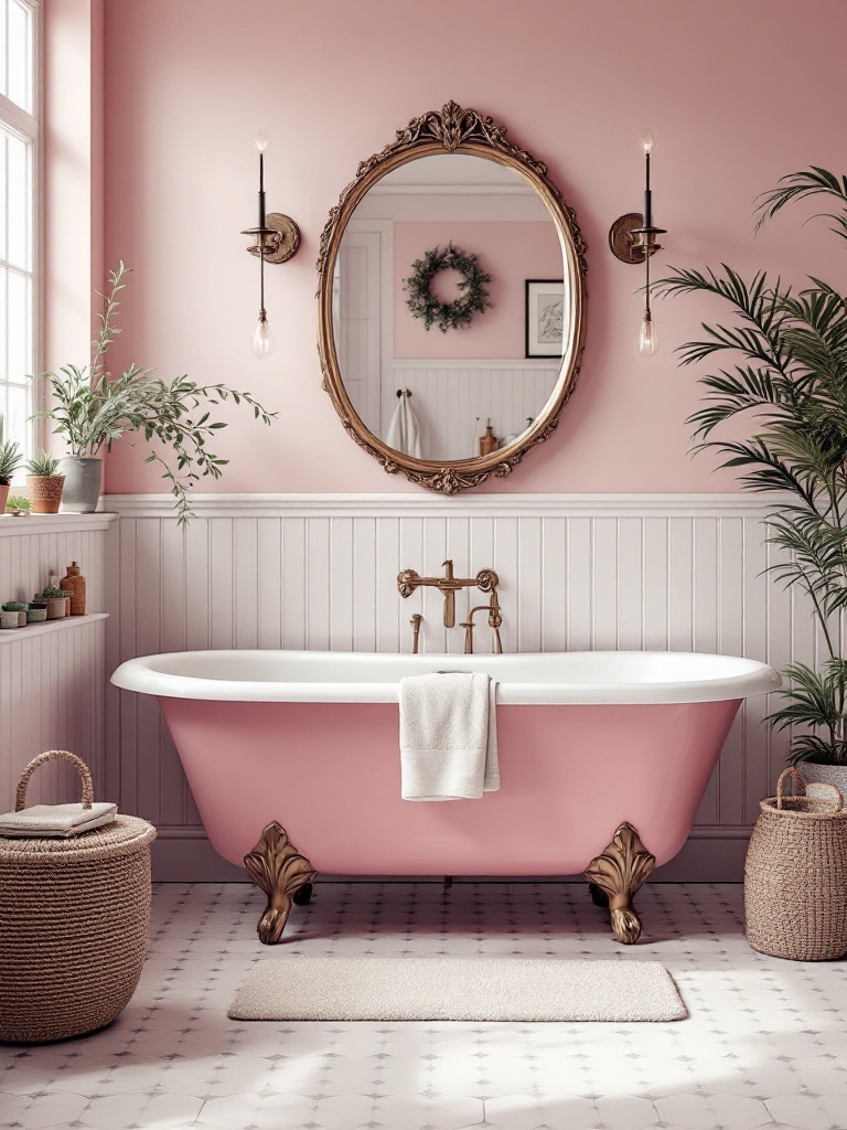 Vintage pink bathroom fixtures, including a clawfoot tub, blend nostalgia with modern accessories.