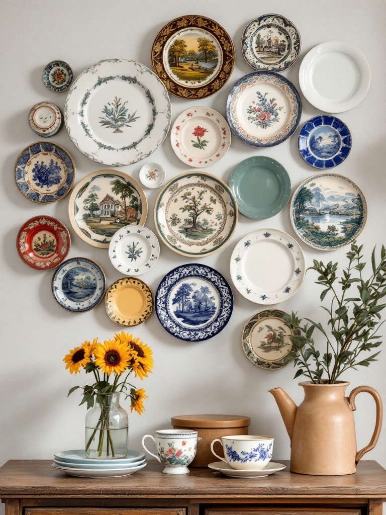 Vintage plates arranged as wall decor, adding charm and nostalgia to dining areas or kitchens.
