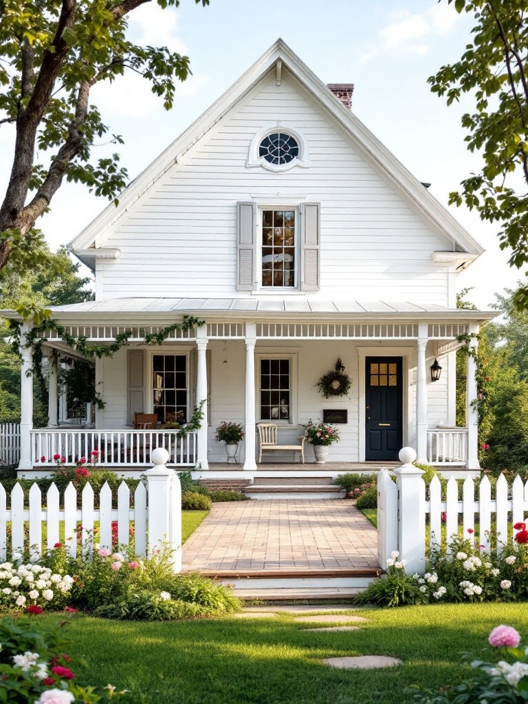 Vintage white farmhouse showcasing traditional craftsmanship with unique accents and classic landscaping.